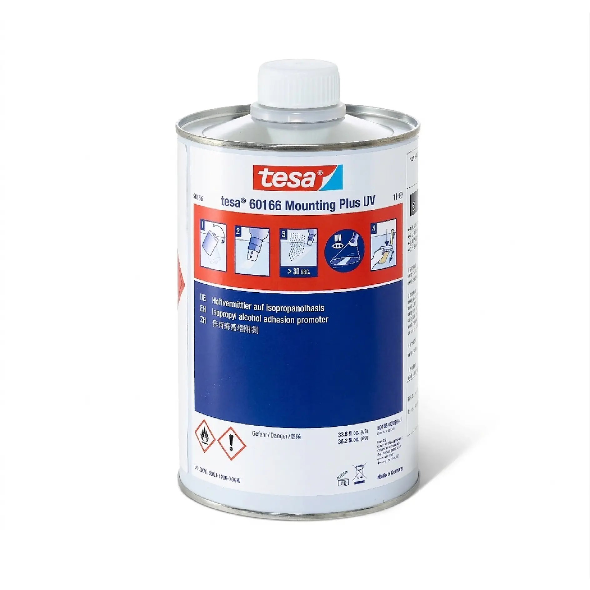 tesa mounting plus UV adhesive can in white and blue packaging, placed on a white background, used for mounting applications. (This text has been generated by AI)