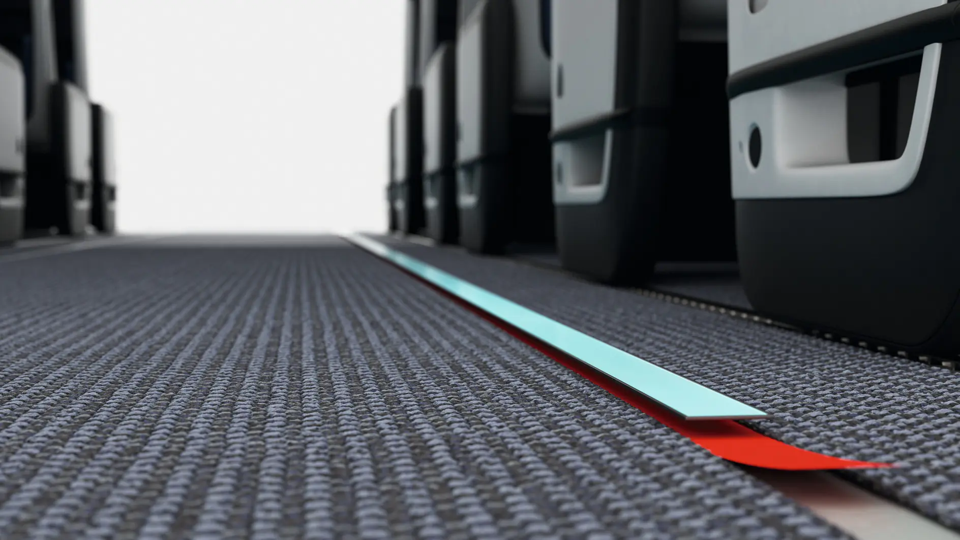 tesa tape strip applied on carpeted floor between rows of black office chairs in indoor workspace setting (This text has been generated by AI)