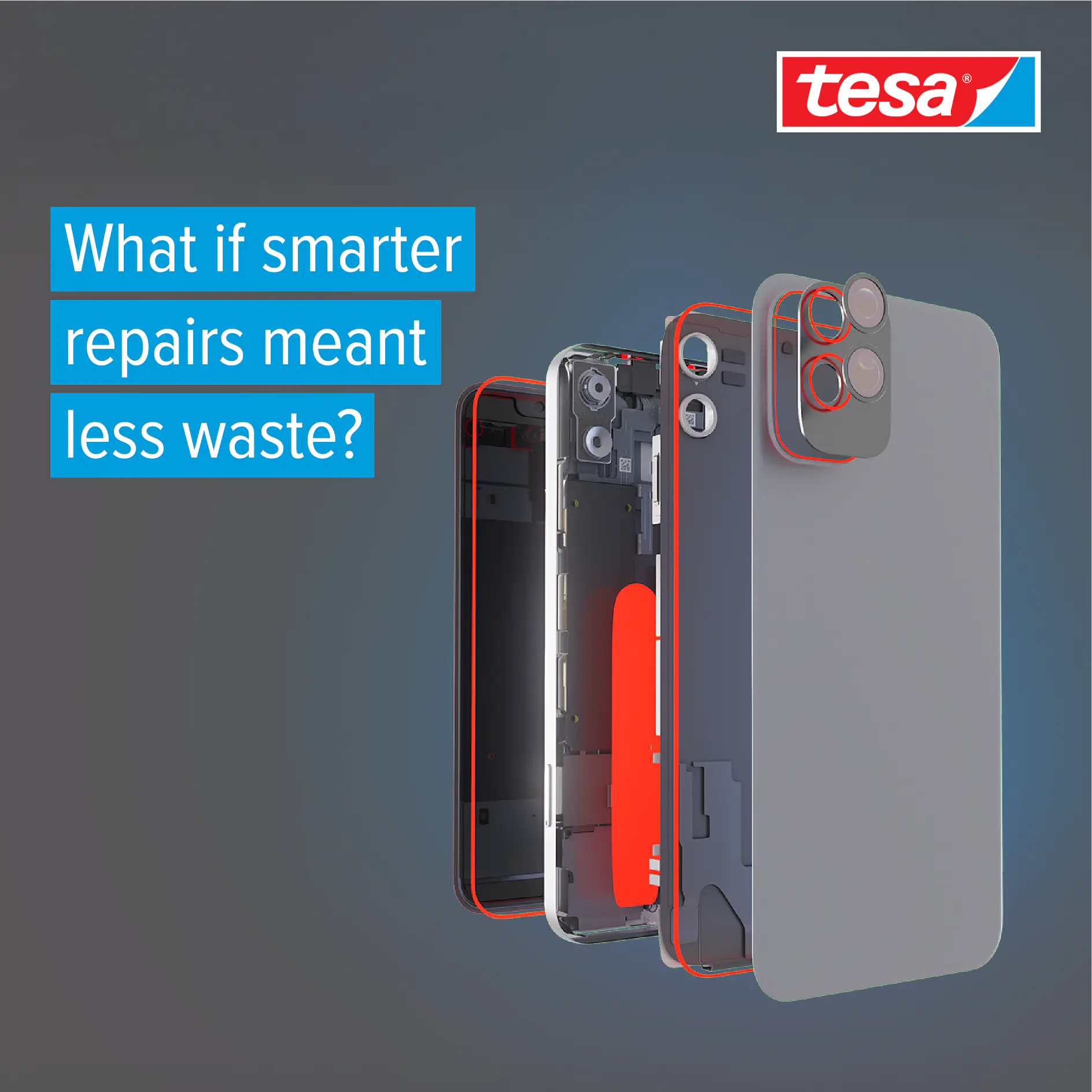 An exploded view of a smartphone with highlighted interior parts, overlaid with the text What if smarter repairs meant less waste? and the tesa tape logo in the top right corner. (This text has been generated by AI)