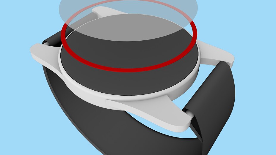 Smartwatch lens mounting The cover (the lens) of a smartwatch must be bonded to the housing with the utmost precision during the manufacturing process. The tape (red) has to meet a wide range of requirements, providing high adhesive strength, shock resistance, and resistance to chemical substances.