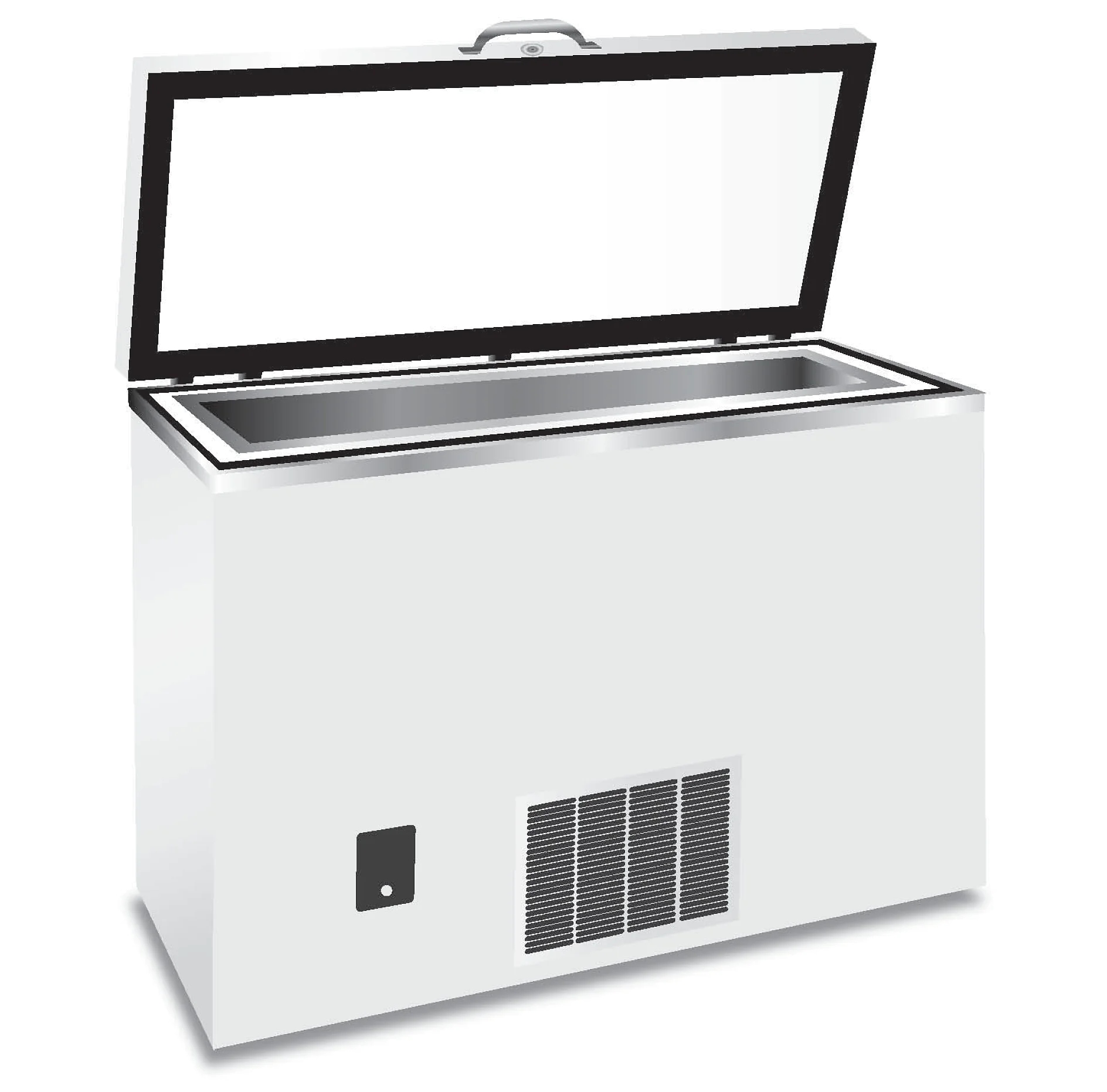 Environmental_Chamber_Illustration.jpg An open white chest freezer with a black interior and a vent on the front. The lid is hinged at the back and raised upright. The design is simple with a minimalist appearance, featuring tesa tape for enhanced durability and sealing efficiency. (This text has been generated by AI)