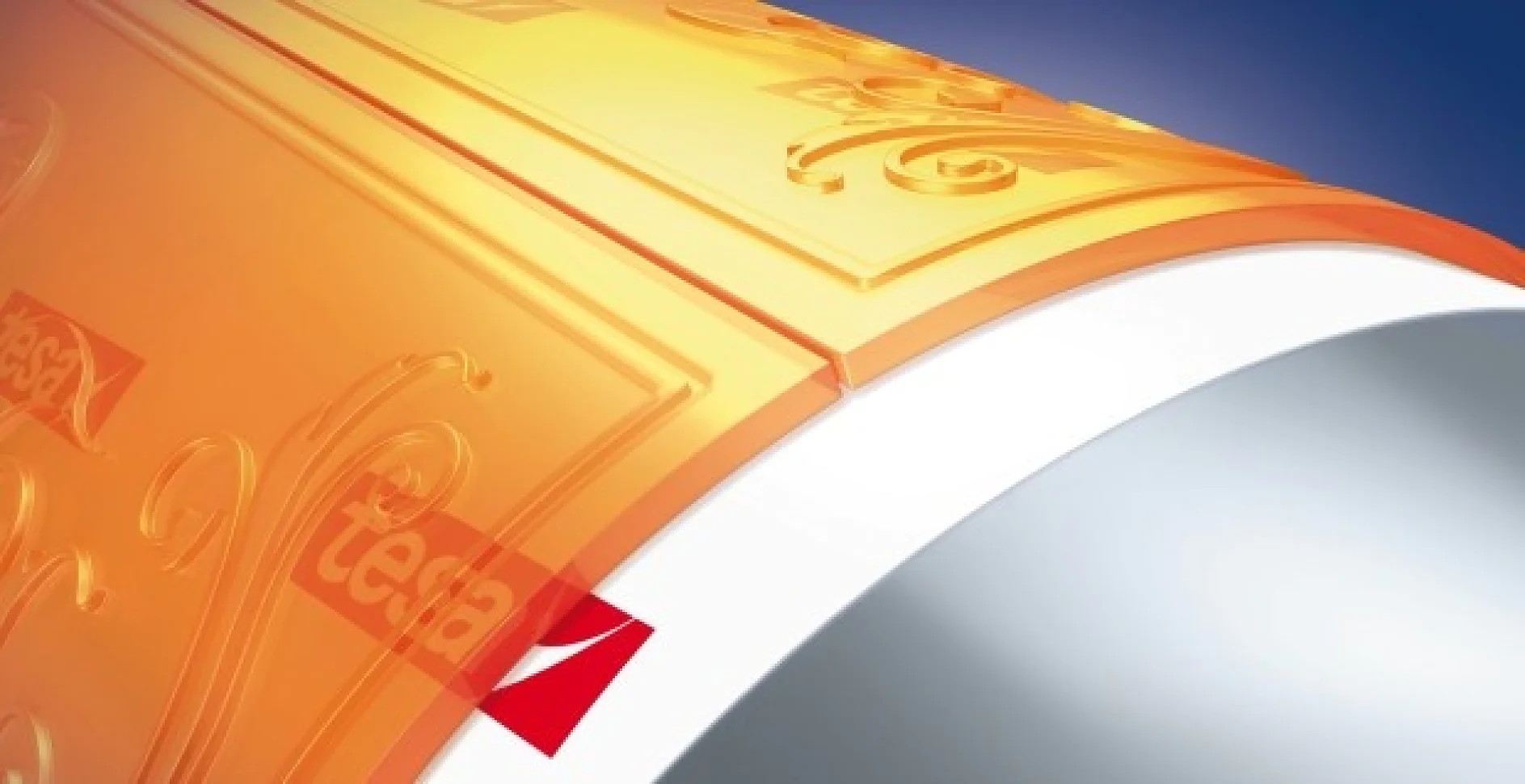 tesa Softprint Secure® - Peak performance throughout the printing process A close-up view of an orange and yellow embossed adhesive film labeled with tesa tape in white text. The film is partially unrolled over a smooth, white cylindrical surface with a blue background. (This text has been generated by AI)