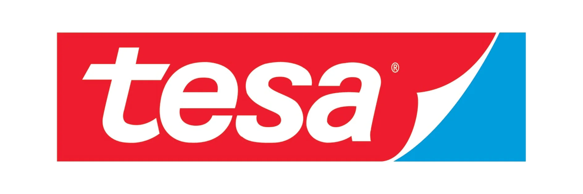 tesa logo high res with white border.jpg The image shows the tesa tape logo. The background is red with the word tesa in lowercase white letters. A curved white line separates the red background from a blue section on the right side. (This text has been generated by AI)