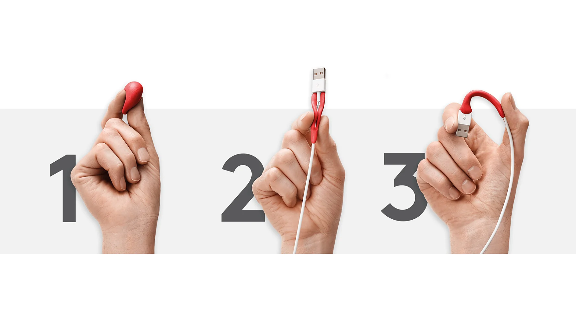 Three steps illustrated: 1. Hand holding a red earbud. 2. Hand holding a USB cable plug with tesa tape around it. 3. Hand holding an earbud secured to the USB cable using tesa tape. Each is numbered from one to three. (This text has been generated by AI)