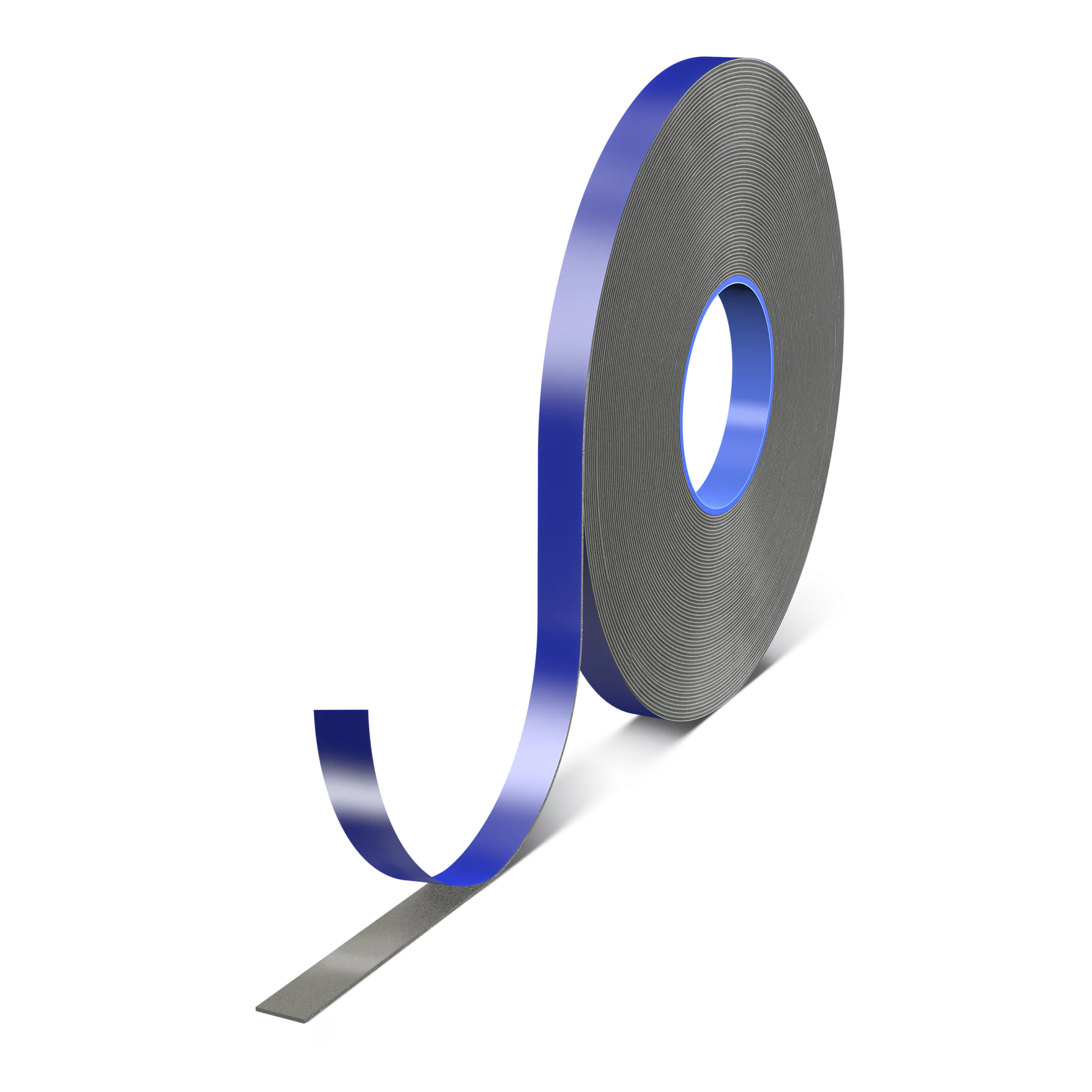 A large roll of tesa tape with a blue inner core is partially unrolled, showing the sticky side facing outwards. The tesa tape is black and appears to have a glossy finish. The roll is set against a plain white background. (This text has been generated by AI)