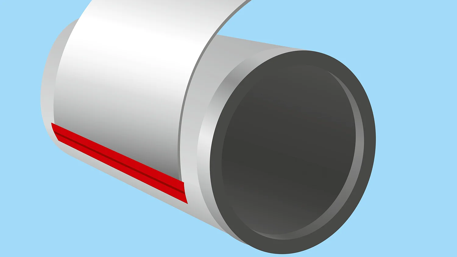 Gray tesa tape roll with a red line on one edge, partially unrolled on a metal coil core, set against a light blue background, demonstrating adhesives for metal. (This text has been generated by AI)