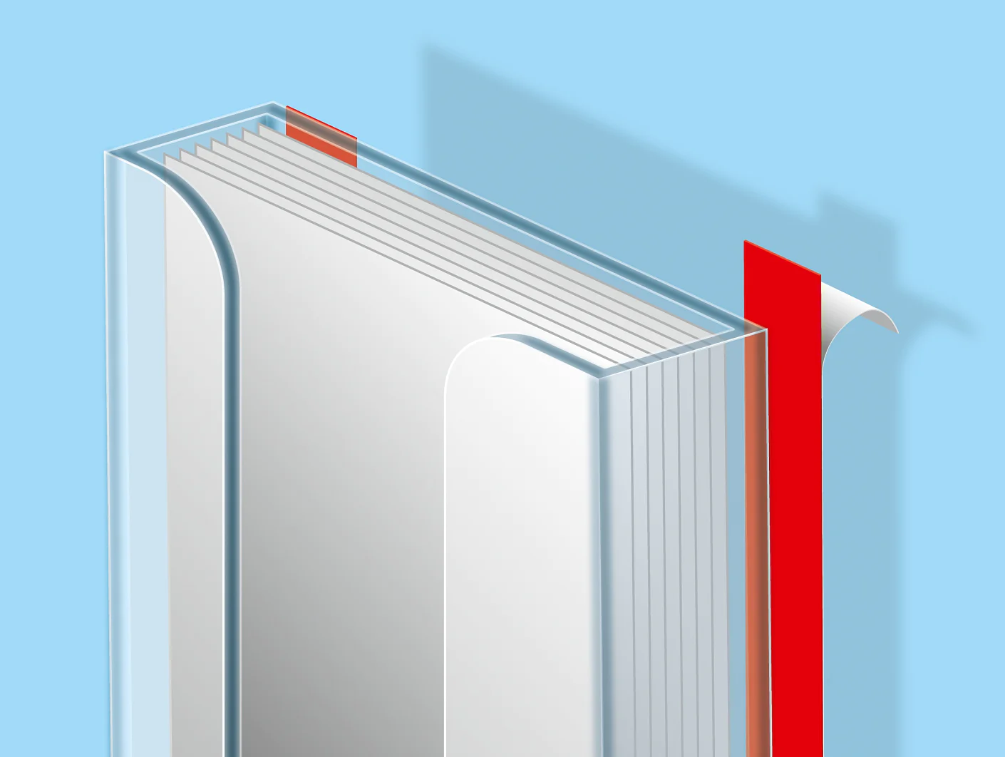 A 3D illustration of a closed book with white pages and a translucent cover on a blue background. The book has a red ribbon bookmark extending from the top, casting a shadow on the surface behind it. (This text has been generated by AI)