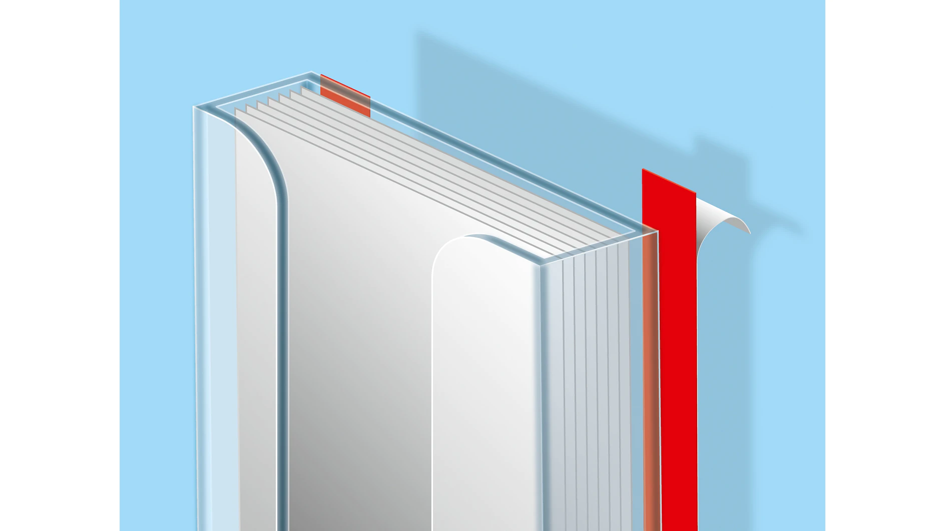 A 3D illustration of a closed book with white pages and a translucent cover on a blue background. The book has a red ribbon bookmark extending from the top, casting a shadow on the surface behind it. (This text has been generated by AI)