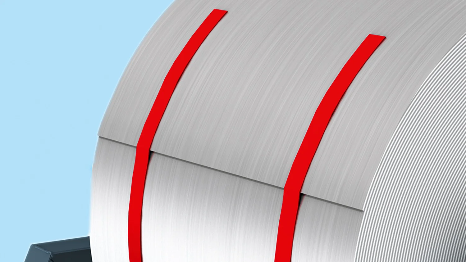 Close-up of a large roll of brushed metal with a smooth silver texture, two parallel red lines running vertically illustrating adhesives for metal, part of a dark-colored holder visible at the bottom, set against a light blue background. (This text has been generated by AI)
