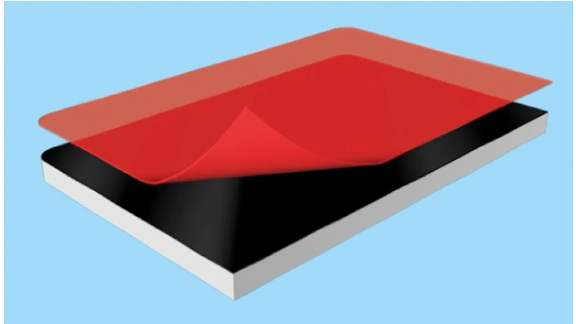 A diagram shows a layered structure with a white rectangular base, a thick black layer in the middle, and a transparent red sheet being peeled away at the top left corner against a light blue background. (This text has been generated by AI)