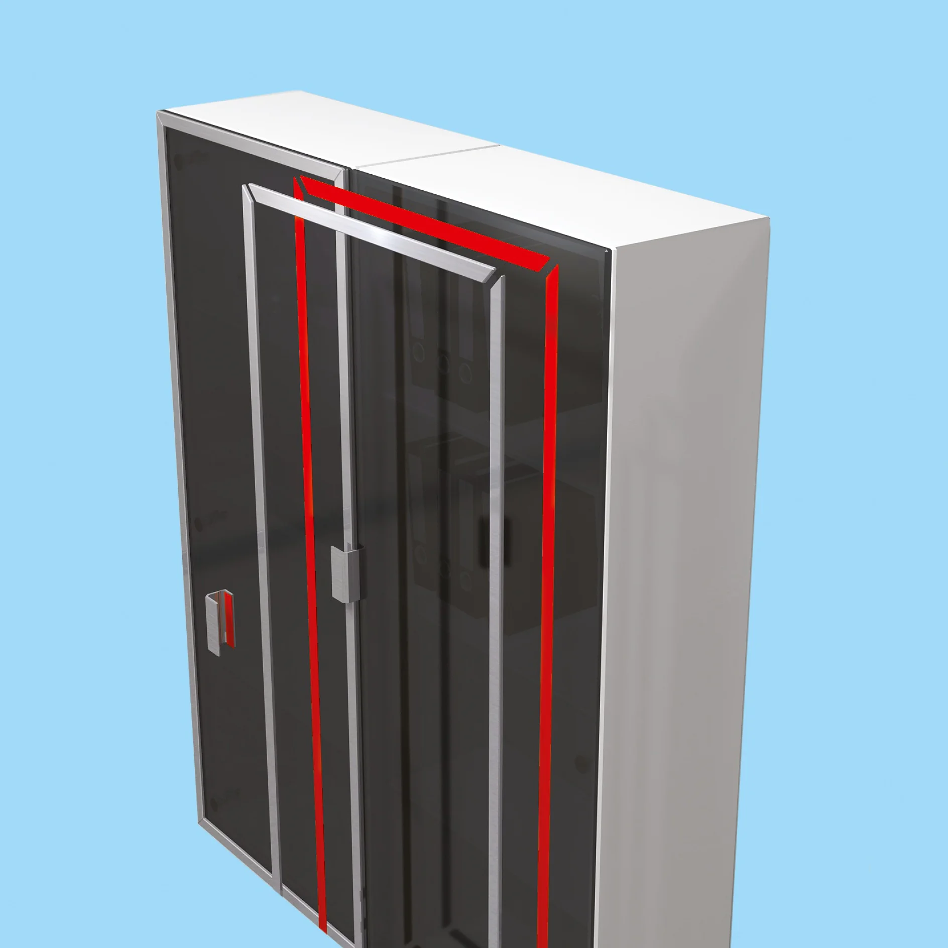 A 3D rendering of a modern cabinet with a sleek design. It has two glass doors framed with red accents and a gray outer structure. The cabinet is shown against a light blue background. (This text has been generated by AI)