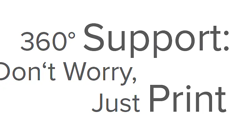 Text image with the words 360° Support: Dont Worry, Just Print with tesa tape in a simple sans-serif font on a white background. (This text has been generated by AI)