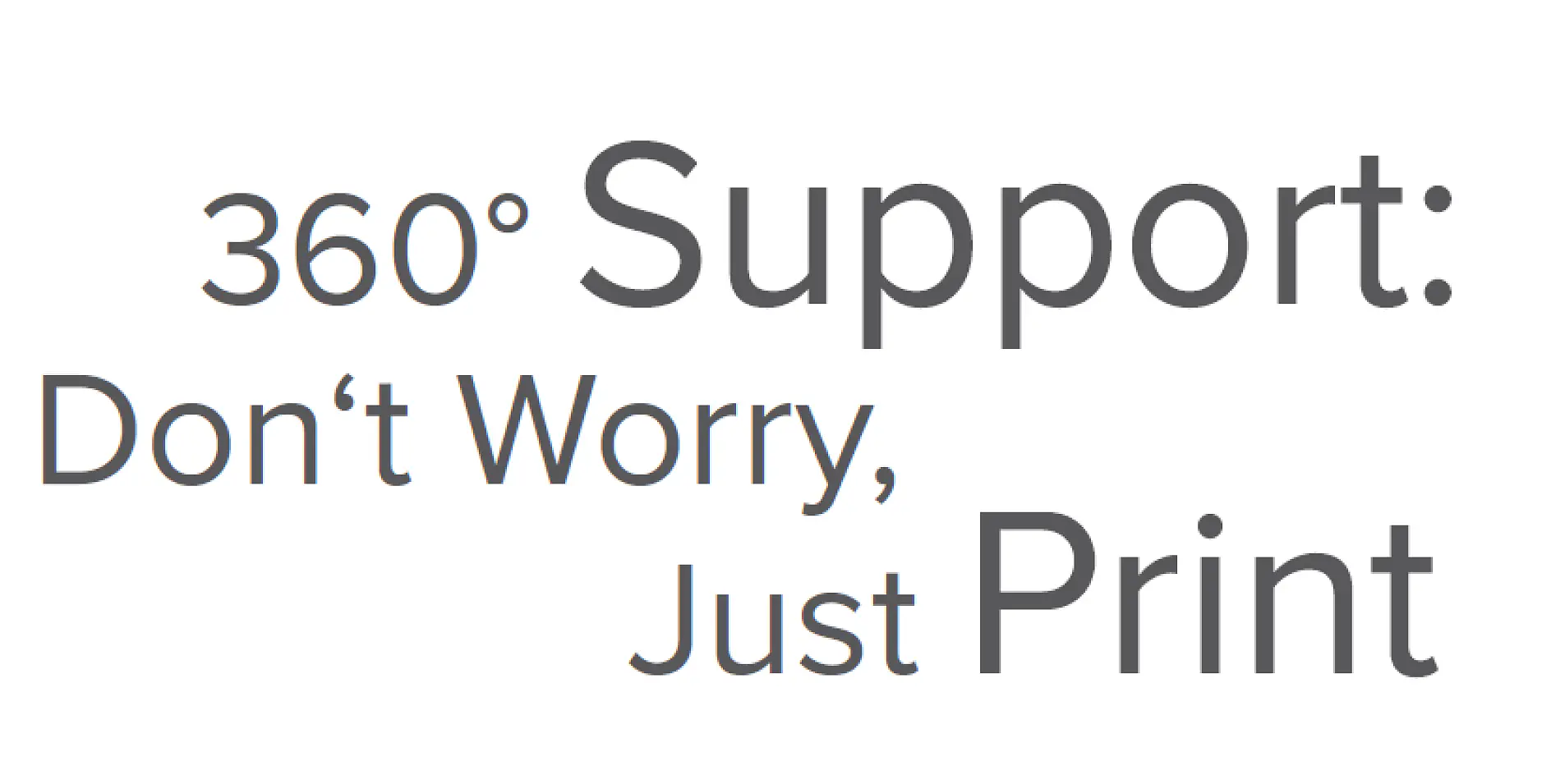 Text image with the words 360° Support: Dont Worry, Just Print with tesa tape in a simple sans-serif font on a white background.