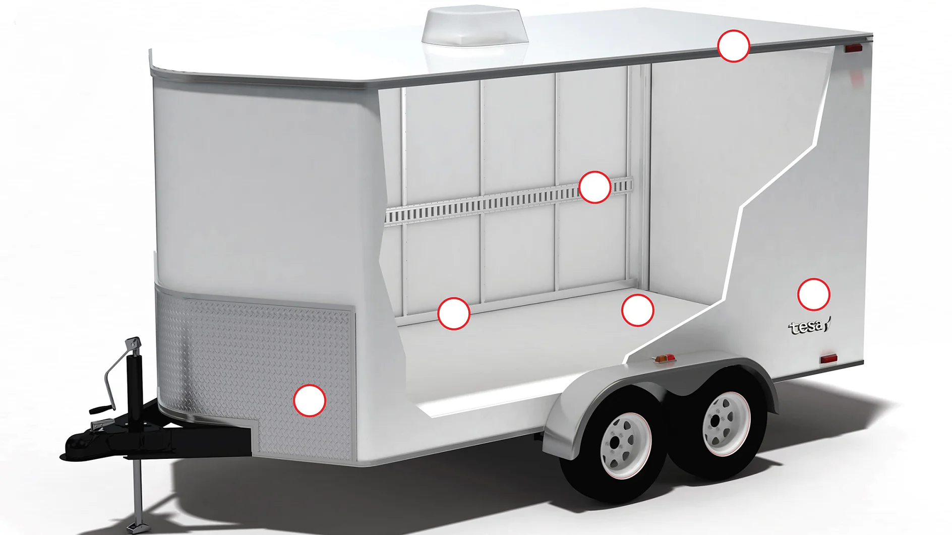 A white, enclosed utility trailer with dual axles and a rounded front is positioned on a plain background. The side wall is open, revealing a compartment with shelving and marked points for accessories or fixtures secured with tesa tape. A hitch is visible at the front. (This text has been generated by AI)