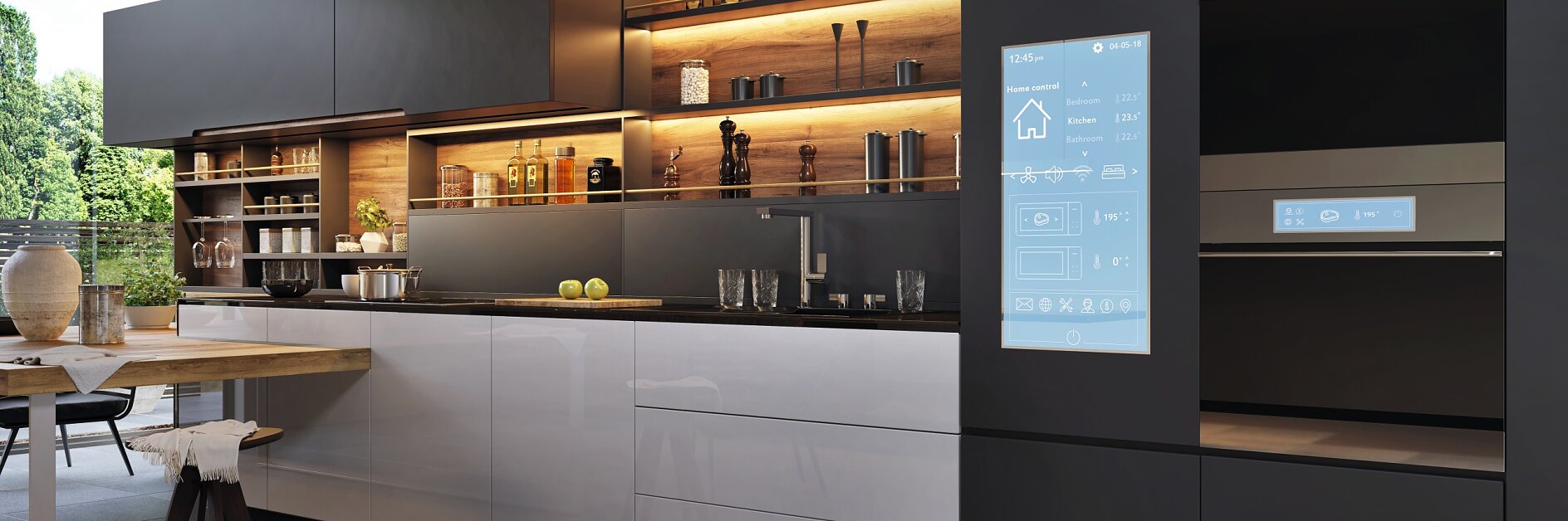 Smart home control panel in a modern kitchen