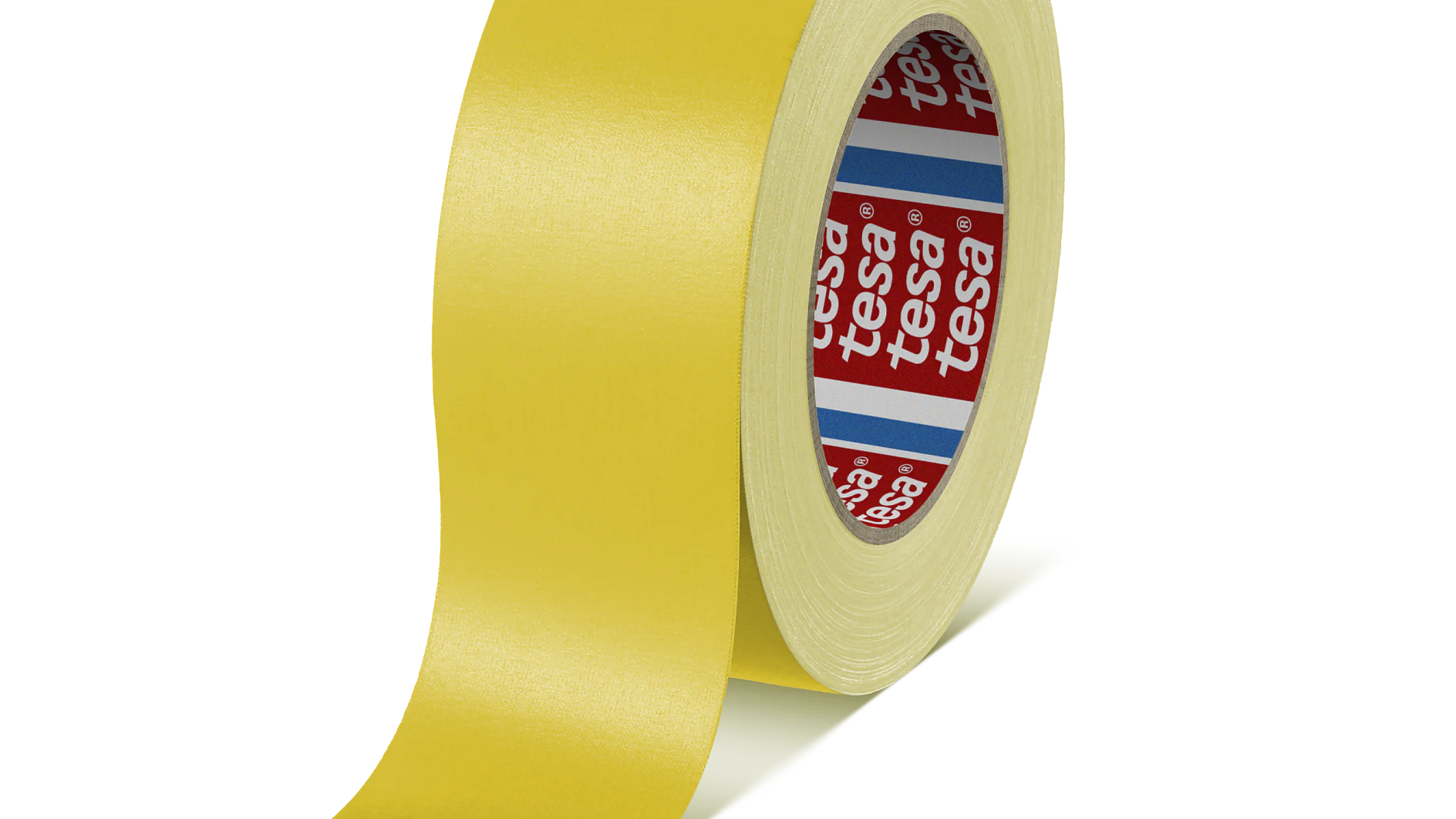 yellow adhesive tape roll with tesa branding on the inner core, isolated on white background (This text has been generated by AI)