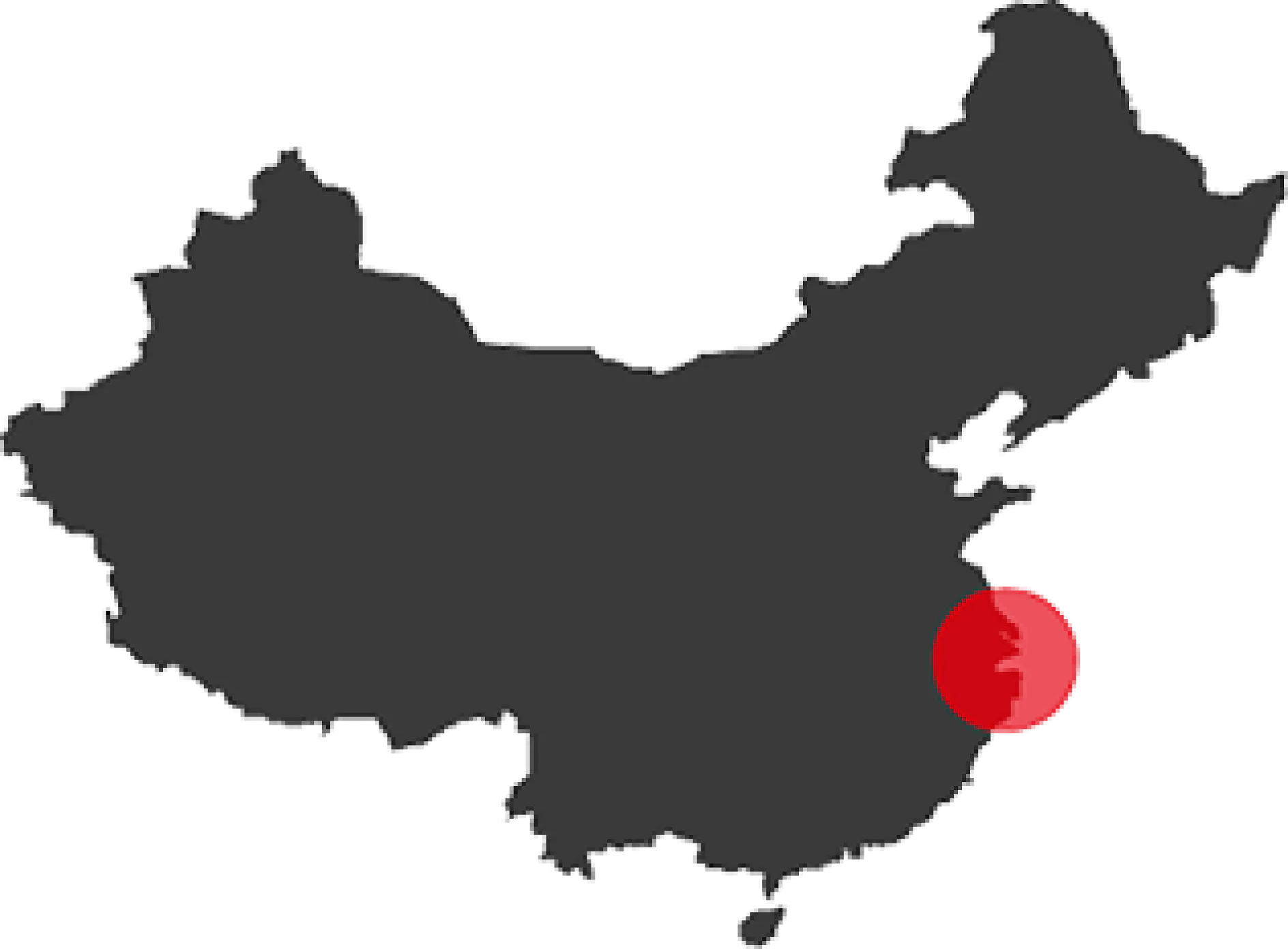 Silhouette map of China with a red circle marking a location on the eastern coast. (This text has been generated by AI)