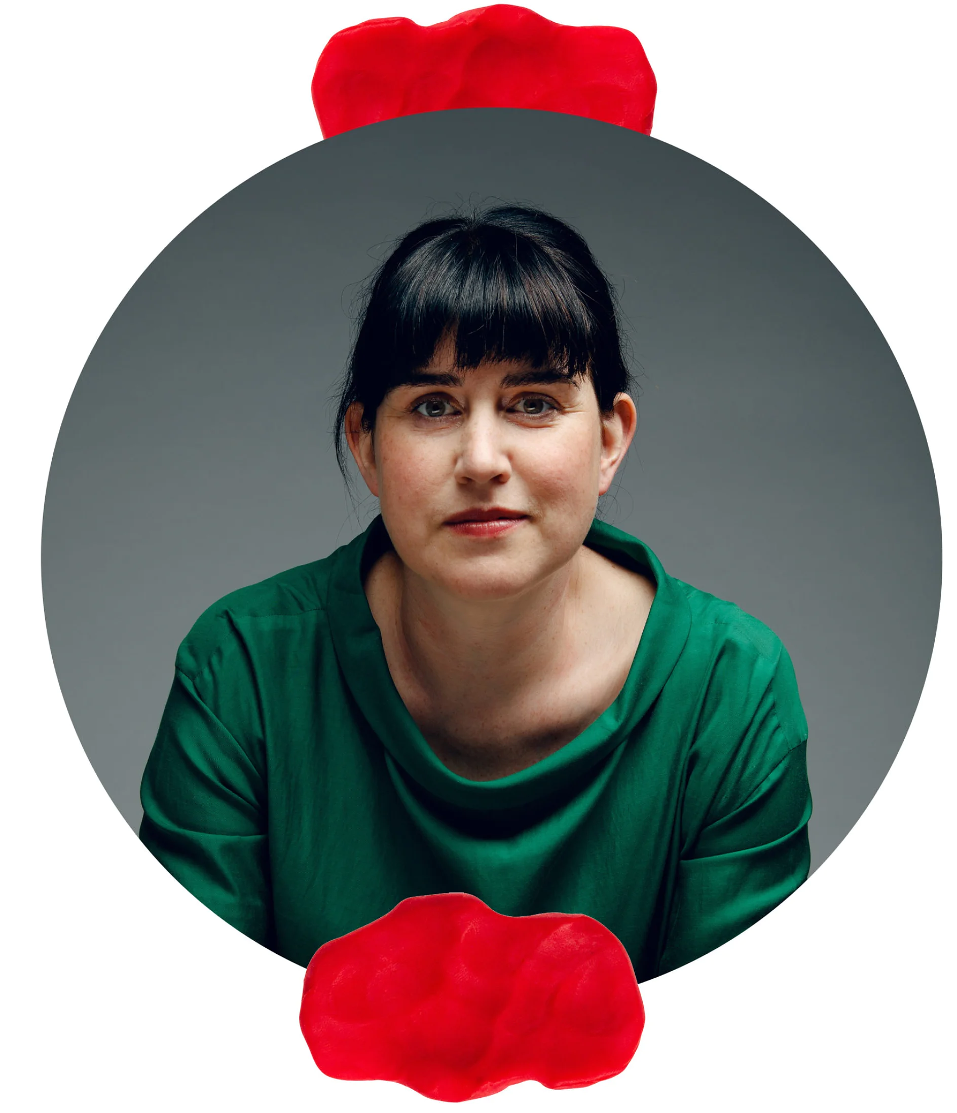 A person with dark hair and bangs wearing a green top is centered in a circular tesa tape frame. Red gummy bear shapes are positioned at the top and bottom of the tesa tape frame. The background is a simple gray. (This text has been generated by AI)