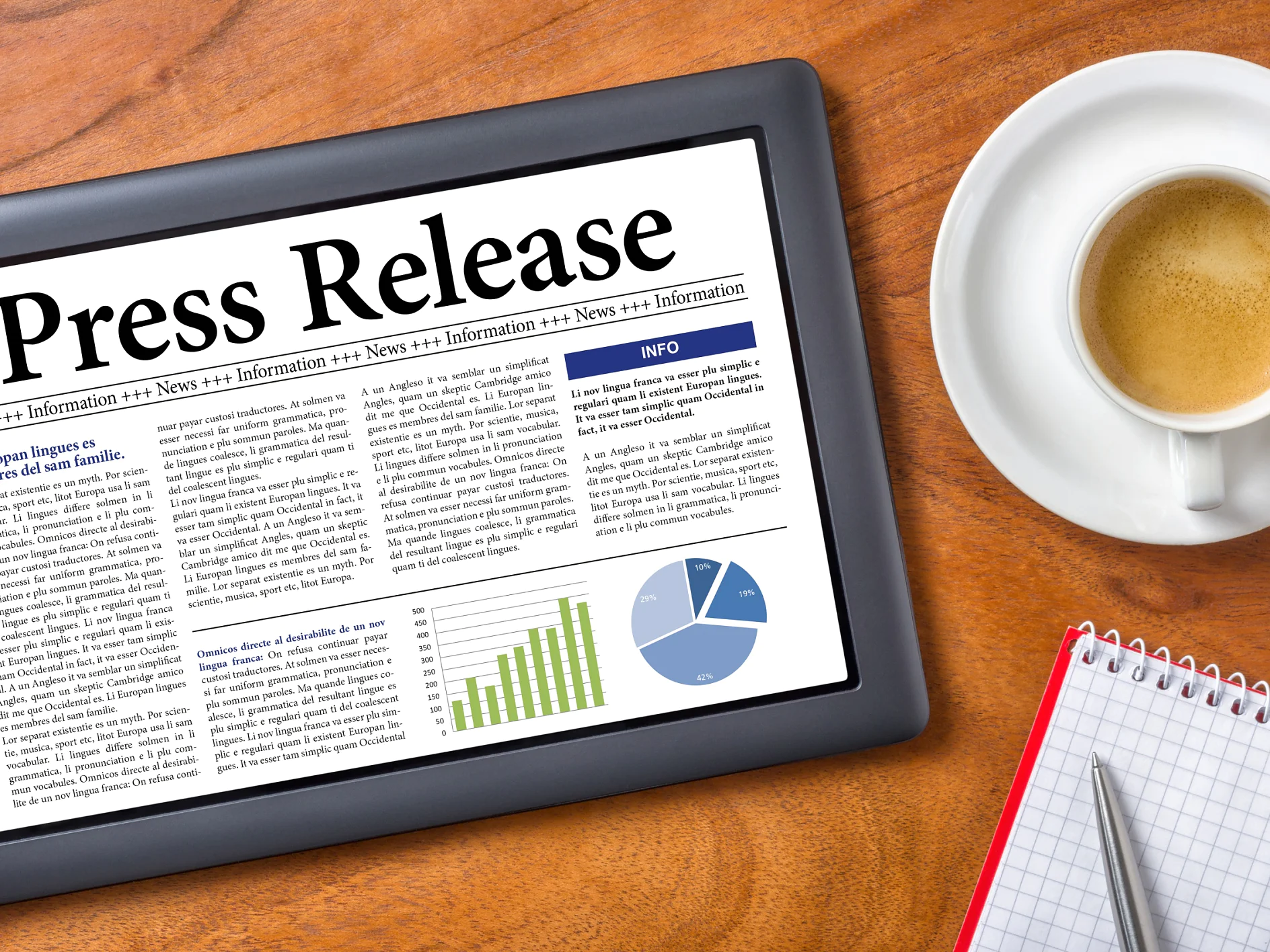 A tablet displaying a press release with text, graphs, and charts rests on a wooden table. Nearby, a cup of coffee on a saucer and an open spiral notebook with a pen are visible. (This text has been generated by AI)