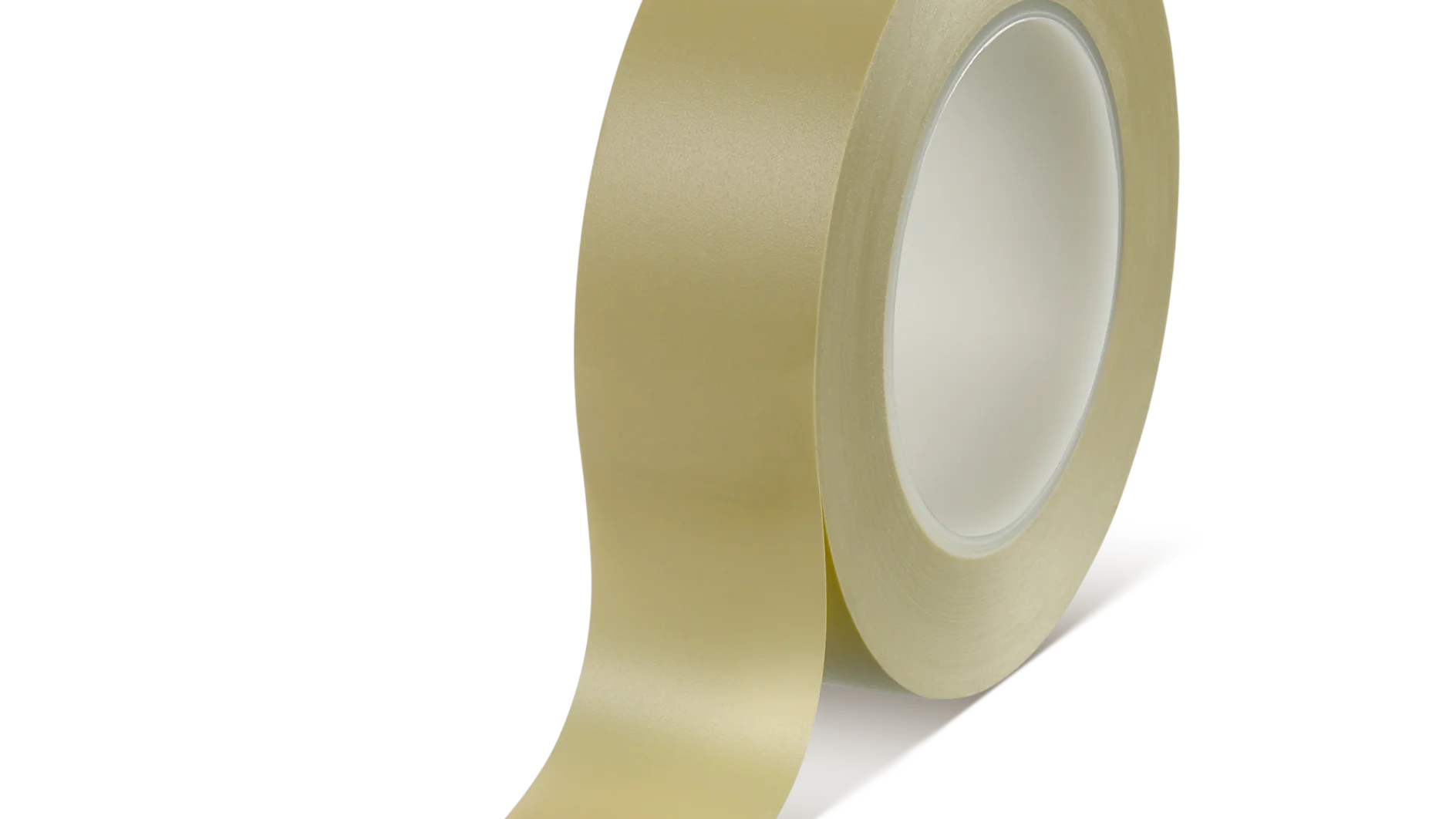 A roll of beige adhesive tesa tape with one end partially unrolled, placed upright on a white surface. (This text has been generated by AI)
