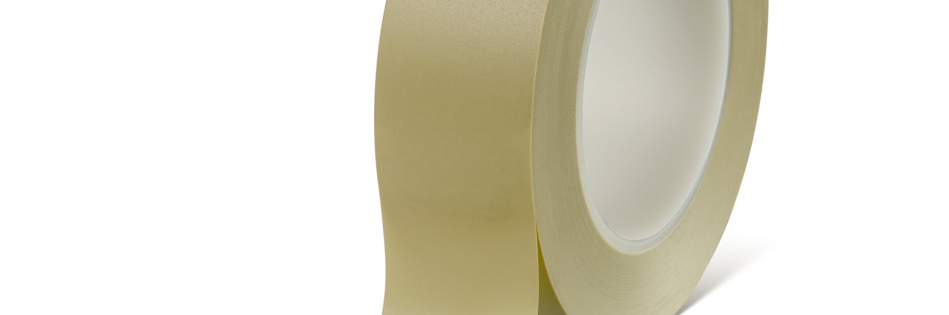 A roll of beige adhesive tesa tape with one end partially unrolled, placed upright on a white surface. (This text has been generated by AI)
