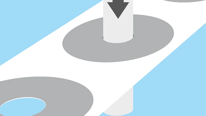 A white conveyor belt with gray circles moves to the right. A gray cylindrical press with an arrow pointing down punches a circle out of the belt secured by tesa tape. The punched-out circle falls below. The background is light blue. (This text has been generated by AI)