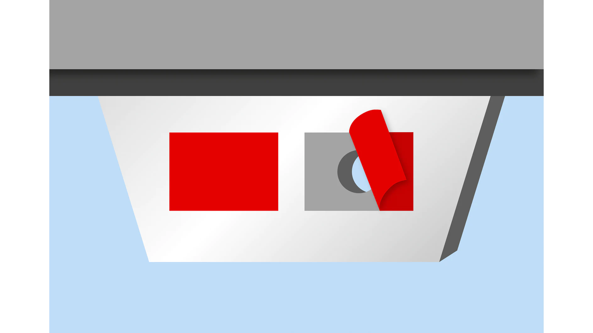 A red roll of tesa tape partially covering a gray circle is next to a solid red rectangle on a white surface. The background is light blue with a gray top border. (This text has been generated by AI)
