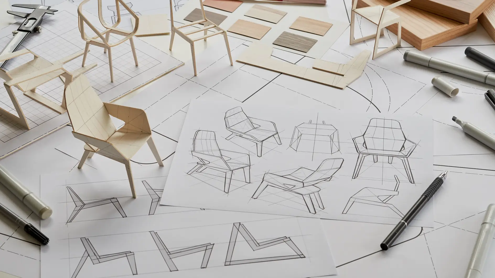 Designer sketching drawing design development product plan draft chair armchair Wingback Interior furniture prototype manufacturing production. designer studio concept . 
