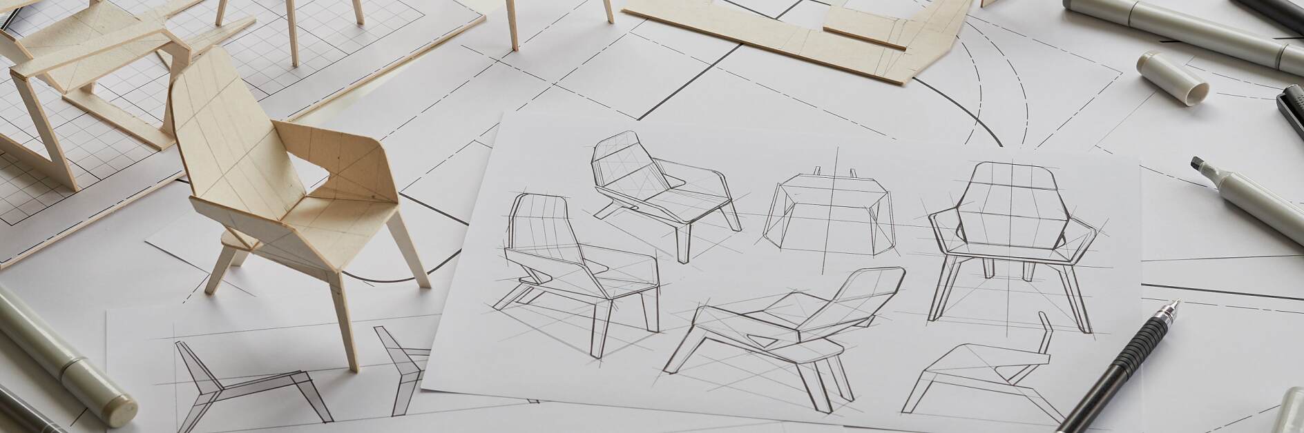 Designer sketching drawing design development product plan draft chair armchair Wingback Interior furniture prototype manufacturing production. designer studio concept .