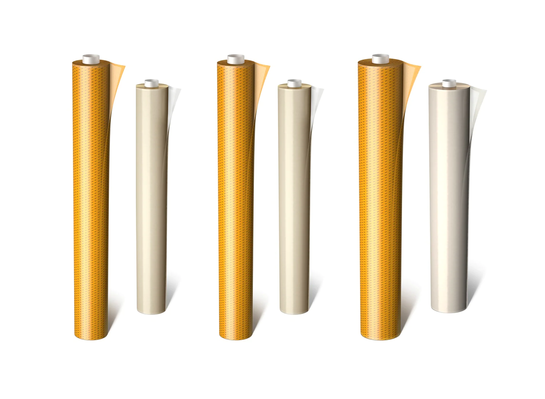 Five upright rolls of reflective films are displayed. They alternate in color: orange with a textured pattern and plain off-white. Each roll is unwound slightly at the top, showing layers of tesa tape material. (This text has been generated by AI)