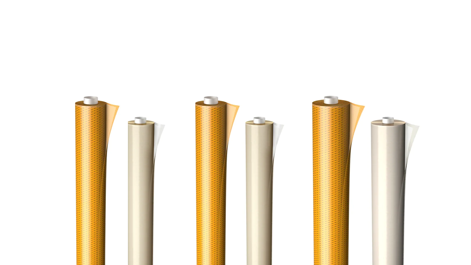 Five rolls of reflective tesa tape stand upright against a white background. Each roll has a glossy finish, displaying a yellow reflective side and a white backing. (This text has been generated by AI)