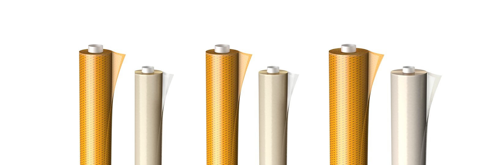 Five rolls of reflective tesa tape stand upright against a white background. Each roll has a glossy finish, displaying a yellow reflective side and a white backing. (This text has been generated by AI)