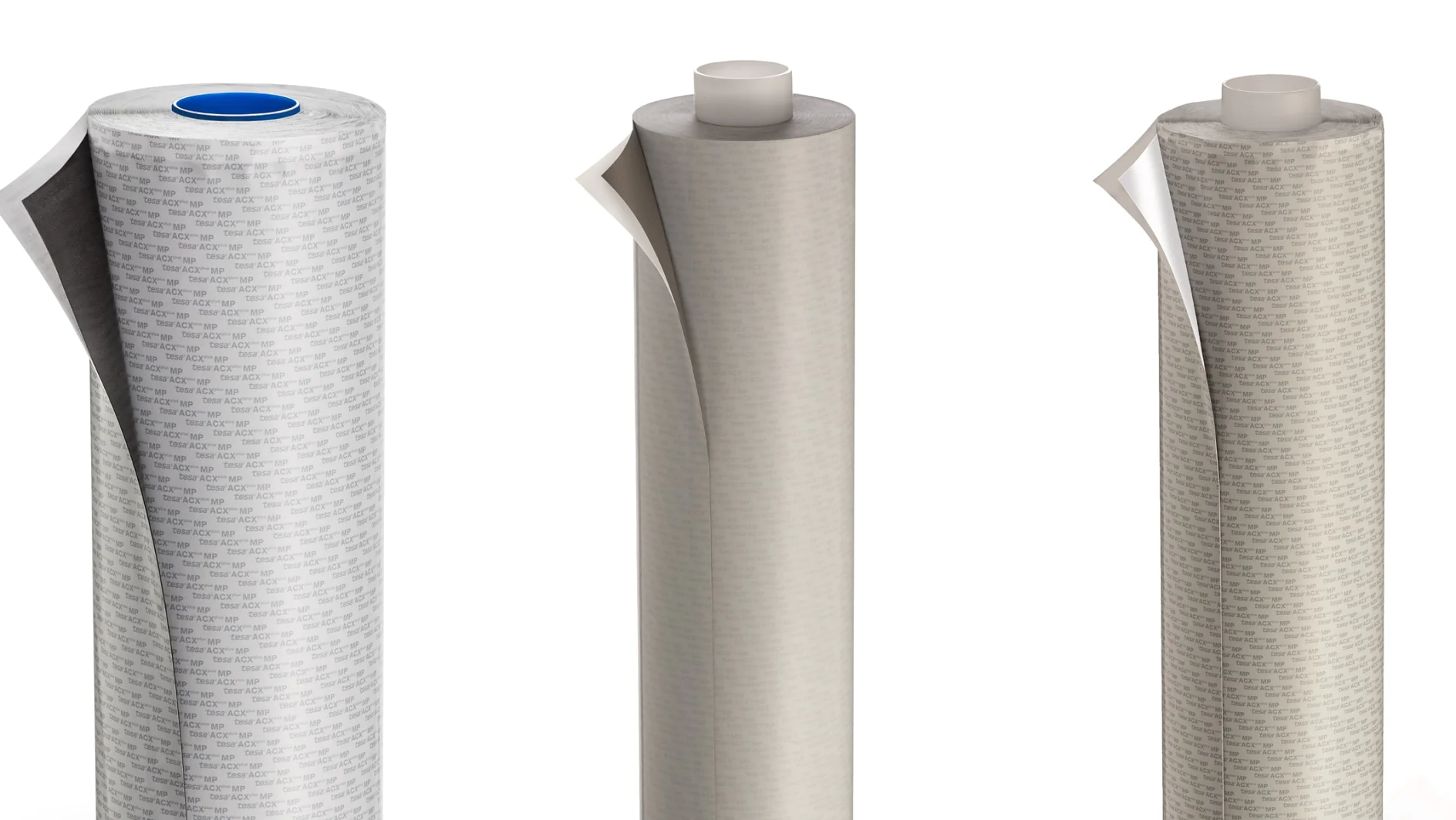 Three upright rolls of translucent material, each partially unrolled. The rolls have a similar design, with one featuring a blue core at the center. The material resembles tesa tape and appears in light gray with faint markings or text. The background is white. (This text has been generated by AI)