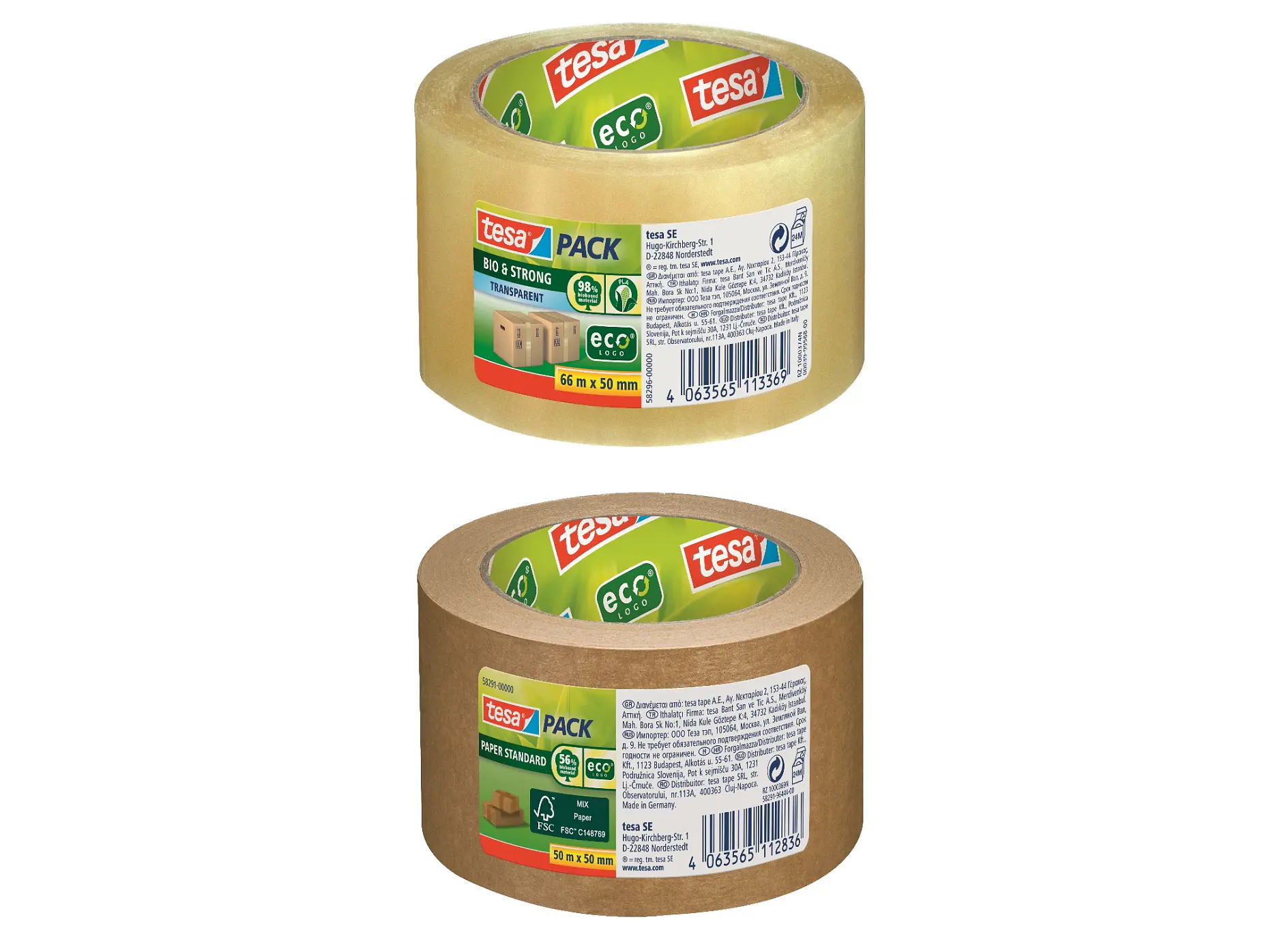 Two rolls of tesa tape are displayed. The top roll is clear with red, green, and white labeling indicating Eco & Strong. The bottom roll is brown with similar branding. Both labels include environmental and packaging information.