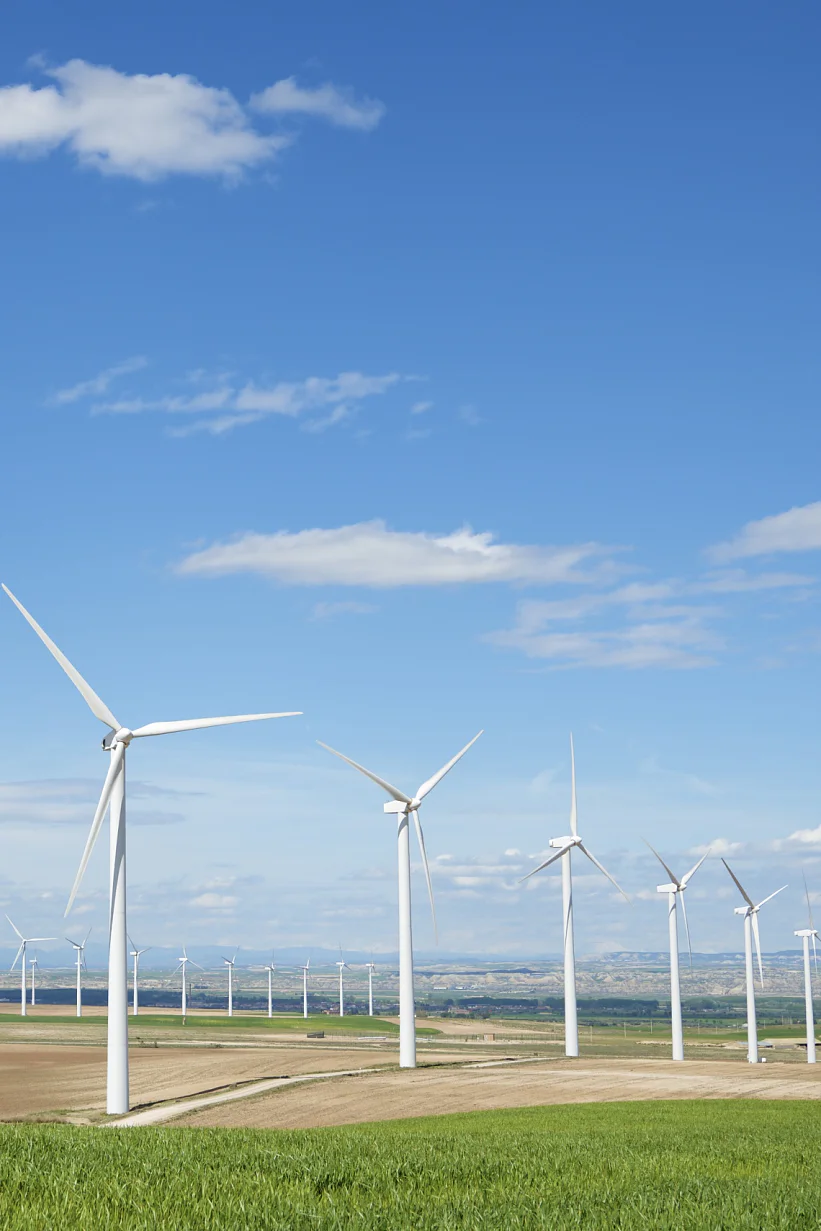 A field of white wind turbines under a blue sky with a few clouds. The turbines are positioned in rows on a vast stretch of farmland. The landscape appears green and brown, indicating a mix of grass and plowed fields. (This text has been generated by AI)