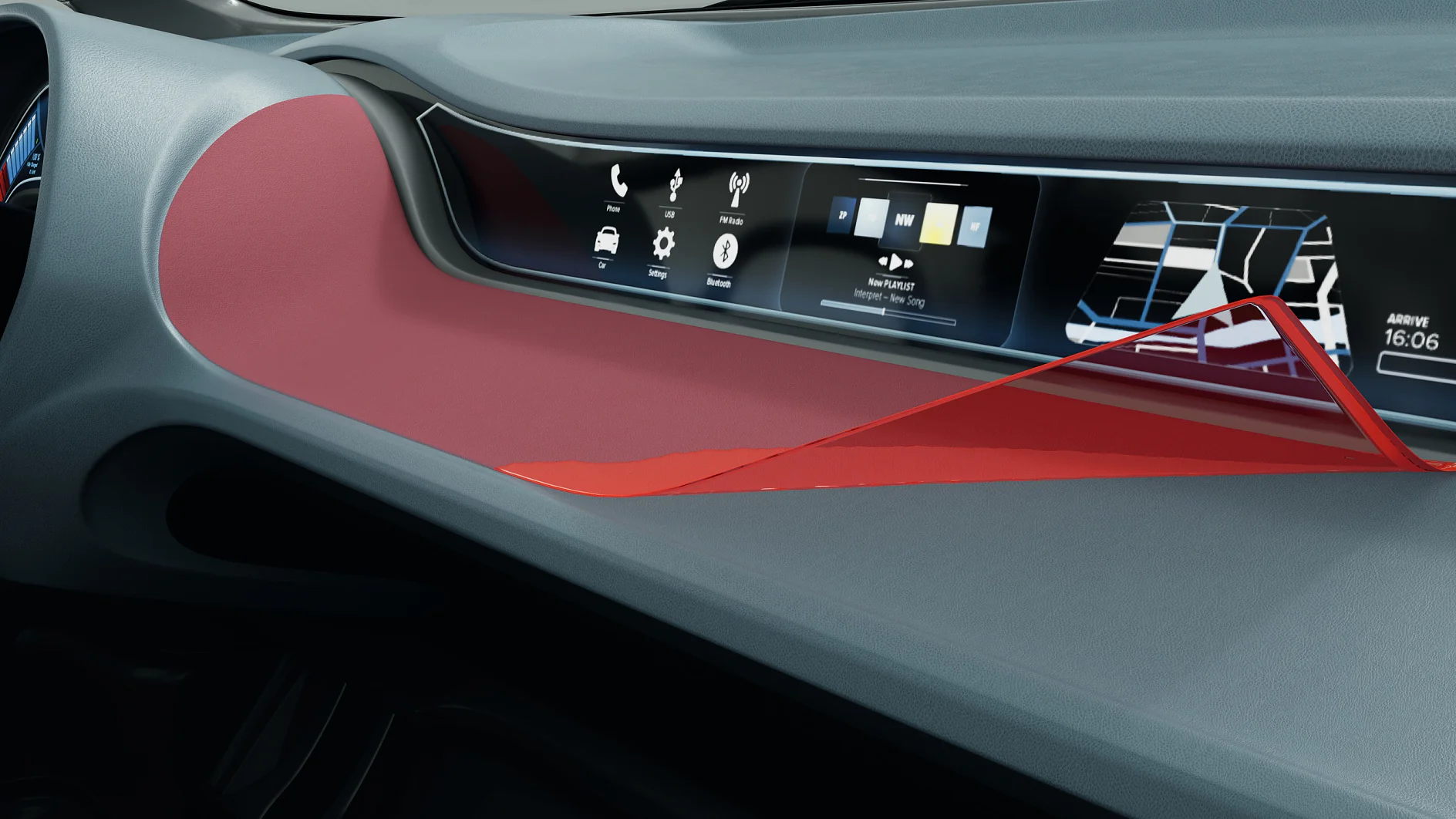 A close-up of a car dashboard featuring a wide digital display with various app icons and a clock showing 16:06. The dashboard includes tesa tape, has a red accent, and features geometric shapes on the passenger side. (This text has been generated by AI)