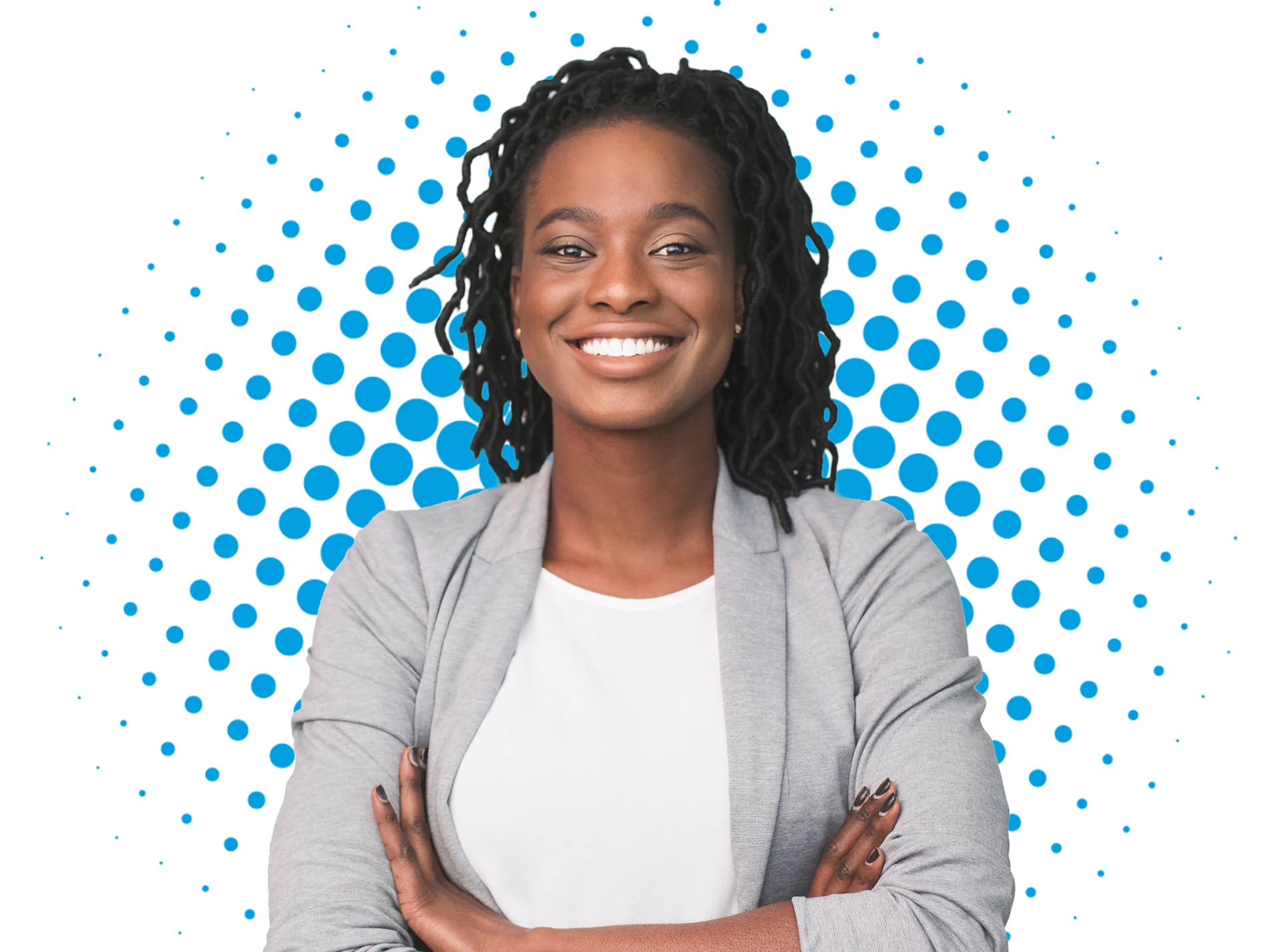 flexo-contact-free-trial A smiling person with long hair and a gray blazer stands with arms crossed against a blue halftone background. They are wearing a white shirt and have a confident expression, surrounded by rolls of tesa tape. (This text has been generated by AI)