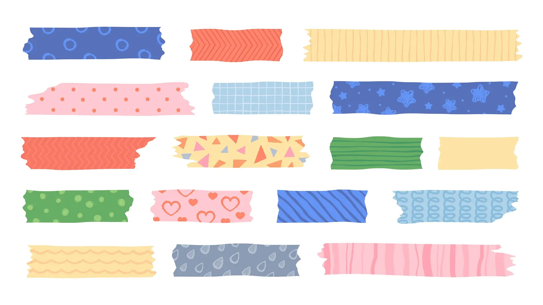 Washi tape with cute patterns, adhesive scotch stripes for scrapbooking. Japanese masking tapes with dots, stars and hearts, colorful mask strips for scrapbook decor vector set