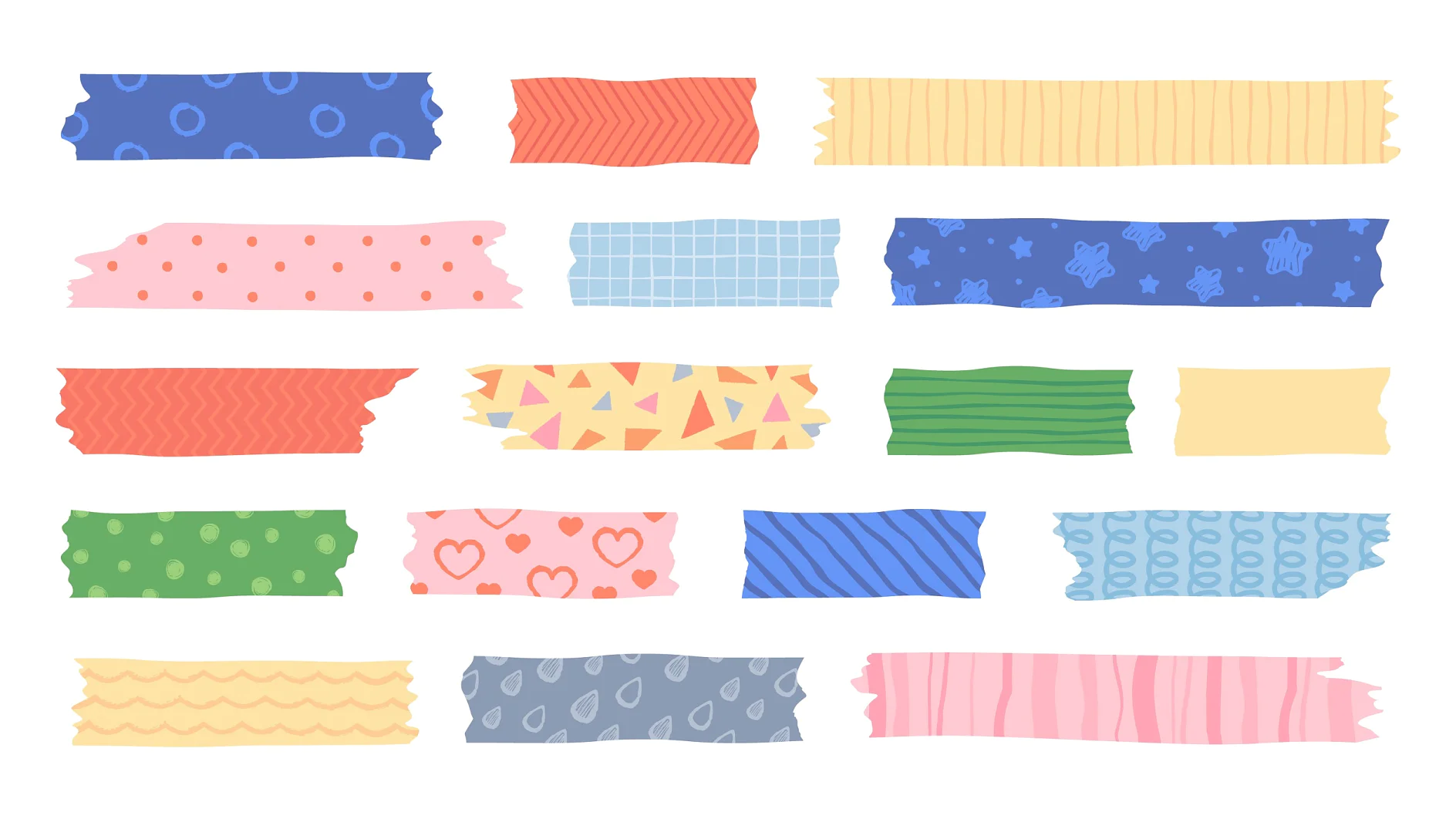 Washi tape with cute patterns, adhesive scotch stripes for scrapbooking. Japanese masking tapes with dots, stars and hearts, colorful mask strips for scrapbook decor vector set