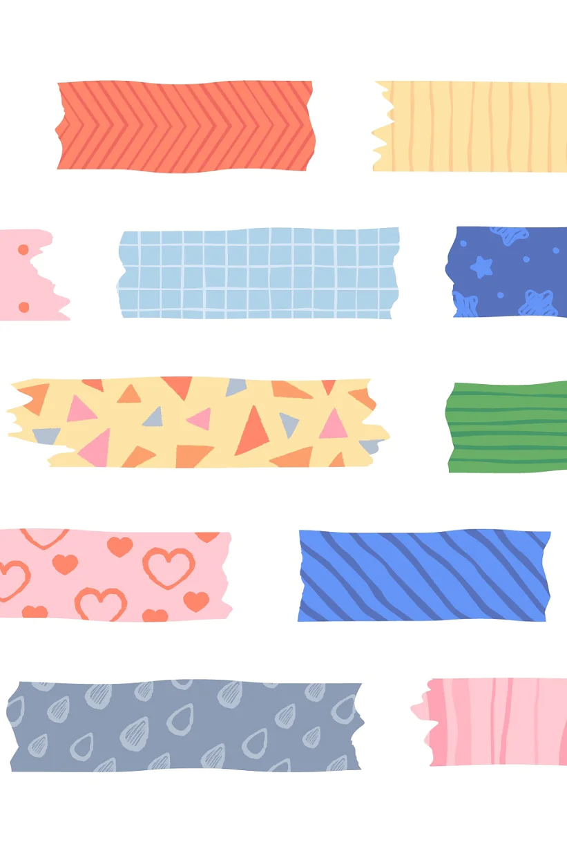 Washi tape with cute patterns, adhesive scotch stripes for scrapbooking. Japanese masking tapes with dots, stars and hearts, colorful mask strips for scrapbook decor vector set Washi tape with cute patterns, adhesive scotch stripes for scrapbooking. Japanese masking tapes with dots, stars and hearts, colorful mask strips for scrapbook decor vector set