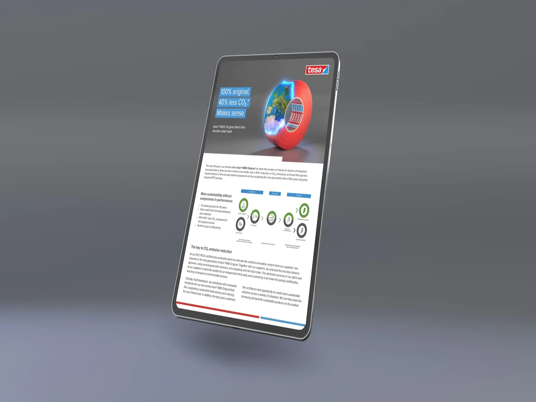 A digital tablet displaying a business-themed article. The screen shows a blue and red circular graphic, several sections of text, and an array of small icons in a row. The background is a gradient of gray tones. (This text has been generated by AI)