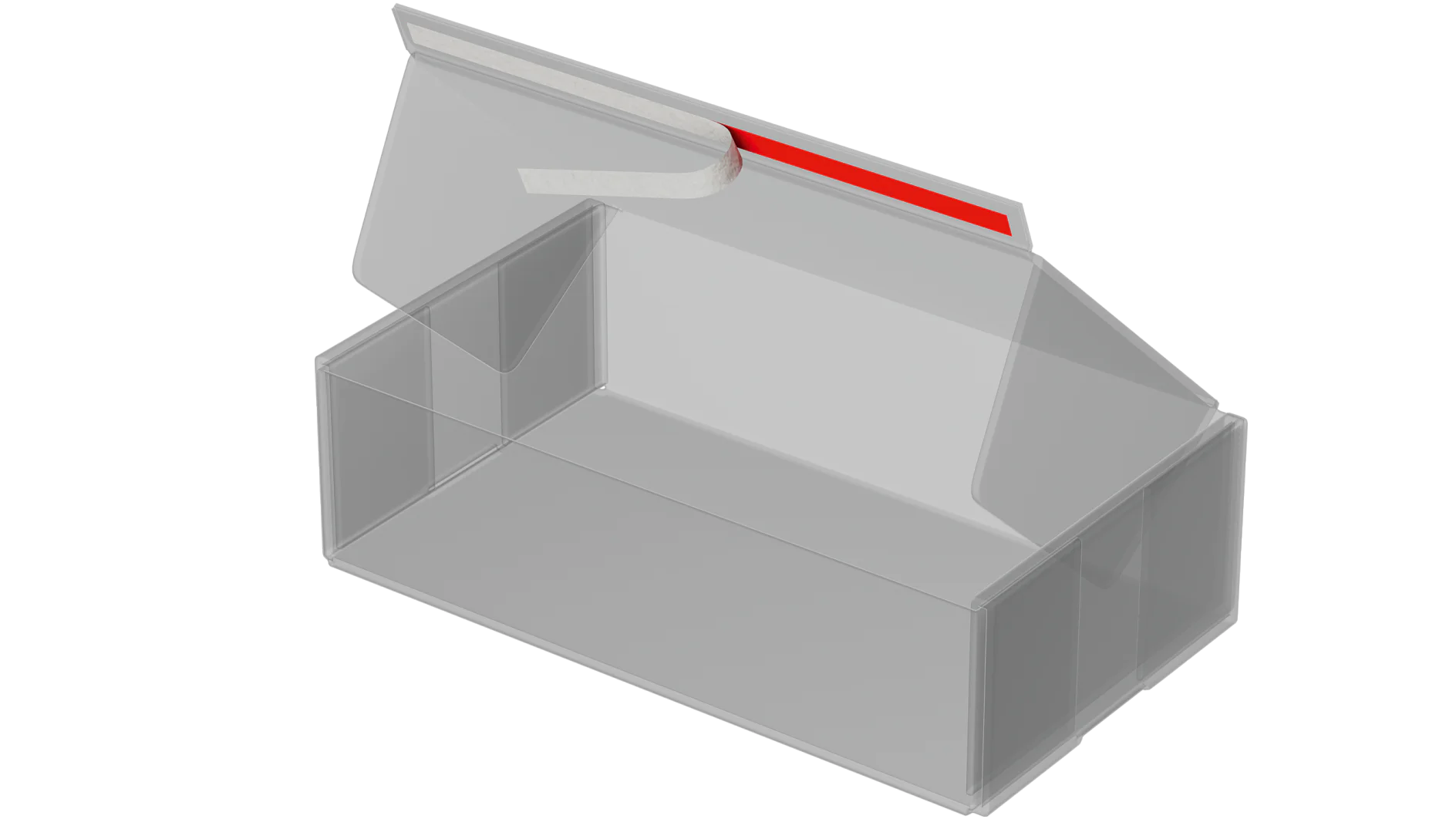 A transparent, rectangular plastic box with an open lid. The lid features a red tesa tape strip on its inner edge. The box appears empty and is shown against a plain white background. (This text has been generated by AI)
