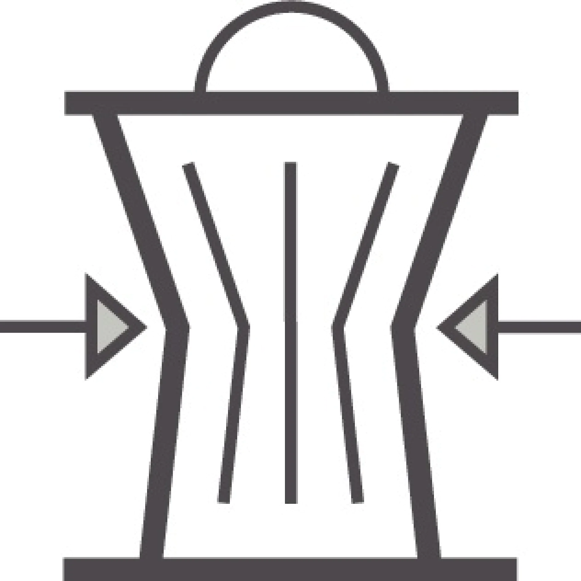 A minimalist, black and white illustration of an arrow logo pointing to a stylized corset. The corset is adorned with vertical lines and has a curved, cinched waist with a semicircle at the top resembling a handle. Arrows point inward on both sides, emphasizing the sleek design. (This text has been generated by AI)