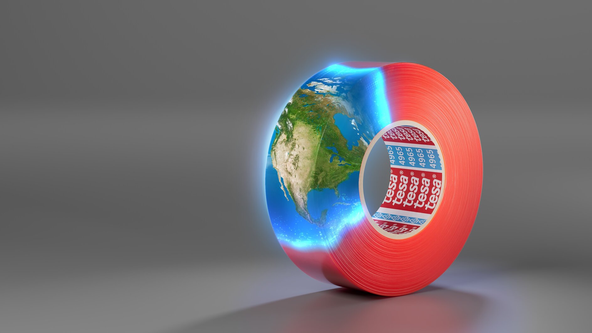 A red roll of tesa tape with the Earth depicted on the inside, showing North and South America. The tesa tape has a partially unrolled section with the numbers 8, 9, and 5 visible. The background is gray. (This text has been generated by AI)