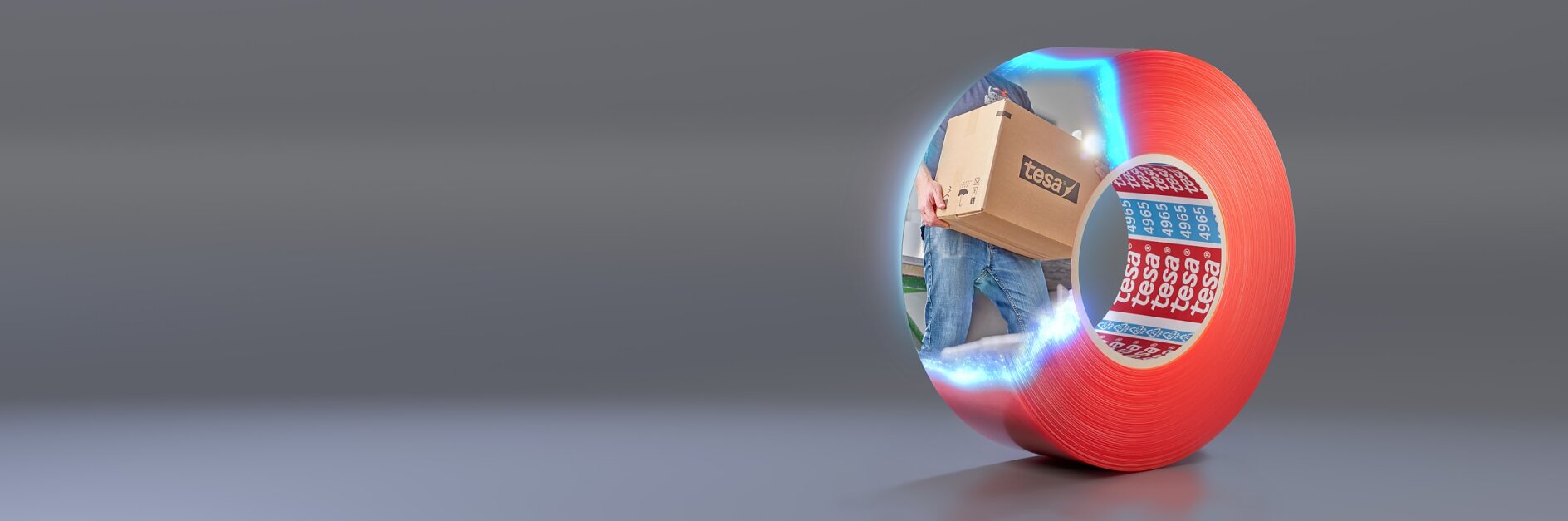 A red roll of adhesive tesa tape with an image overlay of a person holding a cardboard package. The person wears a blue outfit and is at a post office counter with mailing supplies visible. The background is a plain gray surface. (This text has been generated by AI)