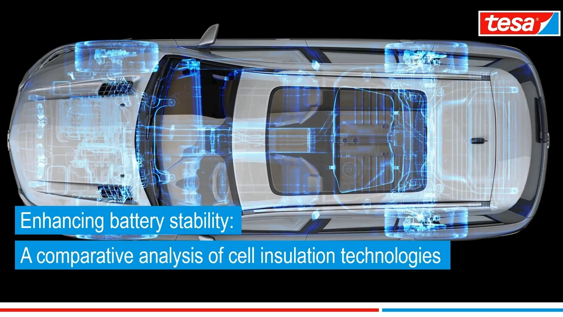 Enhancing battery stability Top view of a vehicles interior and battery system with blue highlights, illustrating battery-related components. Text reads: Enhancing battery stability: A comparative analysis of cell insulation technologies using tesa tape. tesa logo in the top right. (This text has been generated by AI)