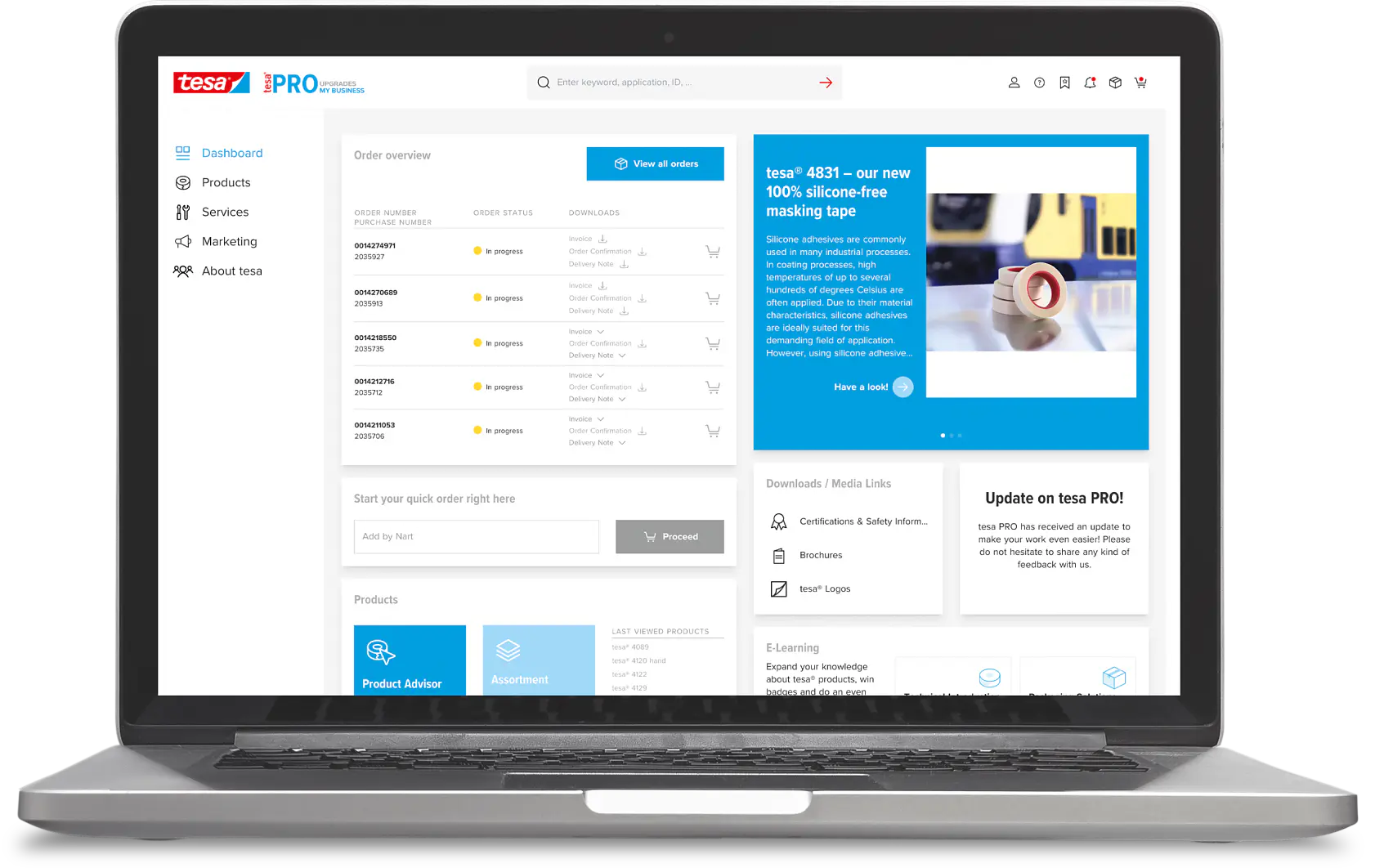 A laptop displays a web page for tesas PRO Portal. The screen shows a dashboard with a menu on the left, product information in the center, and an image of tesa tape on the right. The page features updates, news, and a navigation menu. (This text has been generated by AI)