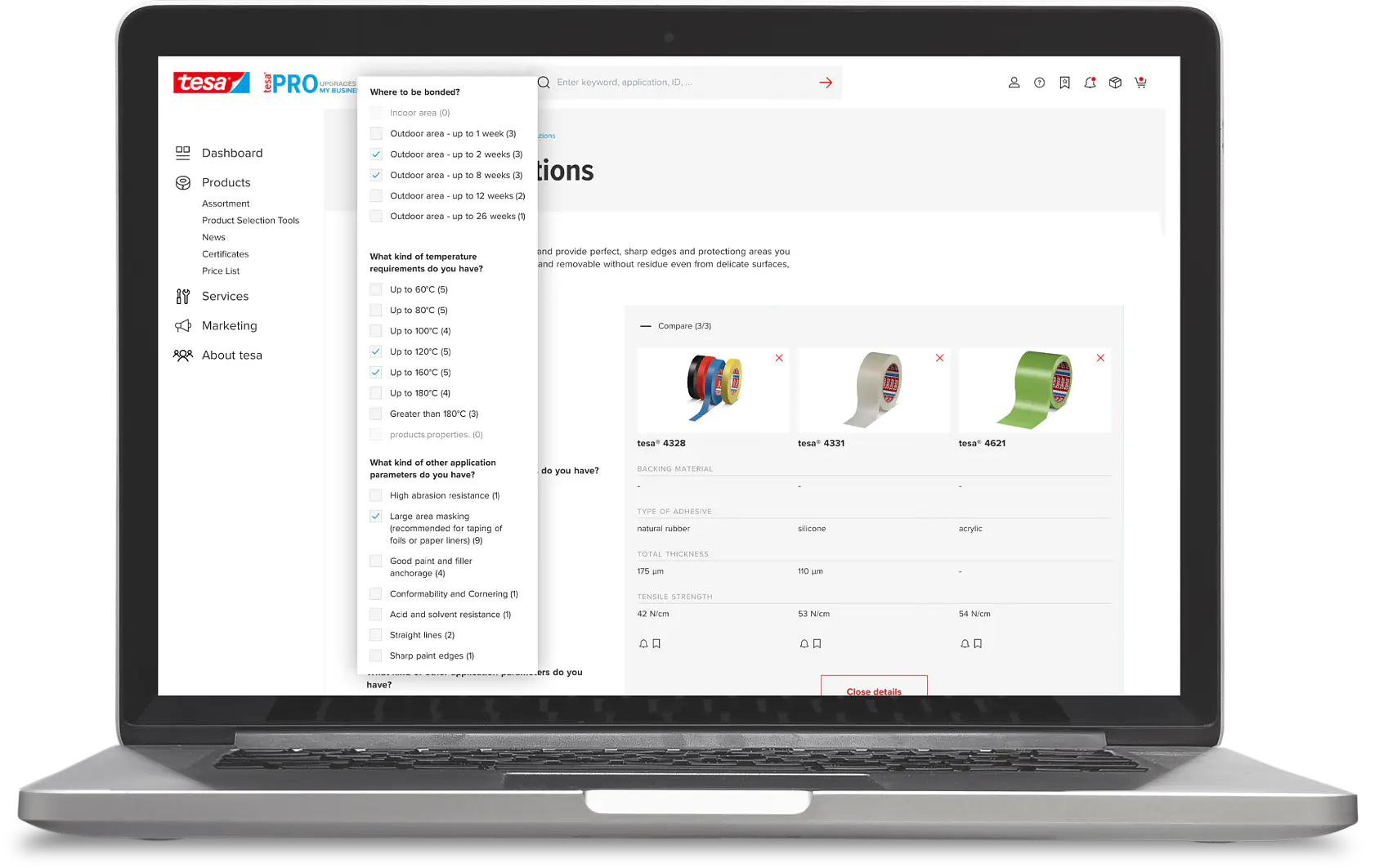 A laptop displays a webpage related to product selection. The screen shows navigation options on the left and images of tesa tape products on the right. A dropdown menu with application options is visible. (This text has been generated by AI)