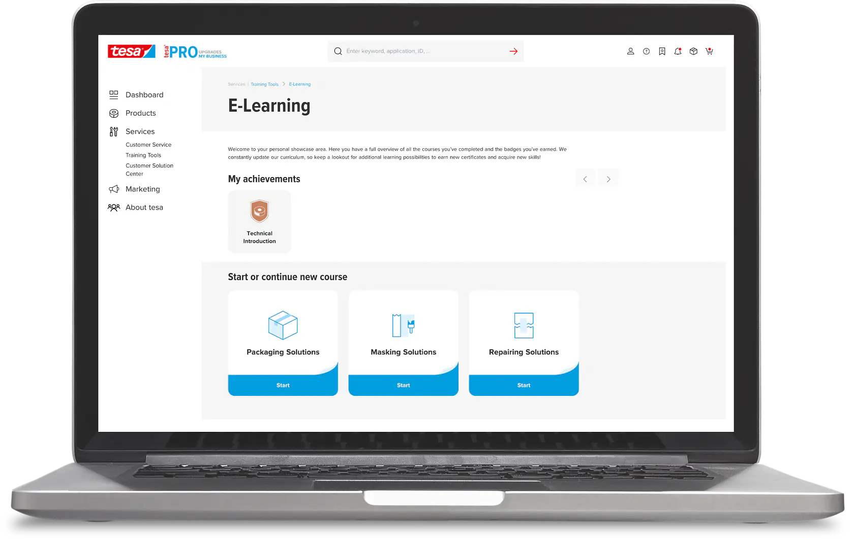 A laptop displaying an E-Learning platform interface. The screen shows user achievements and options to start or continue courses on tesa tape Packaging Solutions, tesa tape Masking Solutions, and tesa tape Repairing Solutions. The courses have Start buttons underneath each title. (This text has been generated by AI)