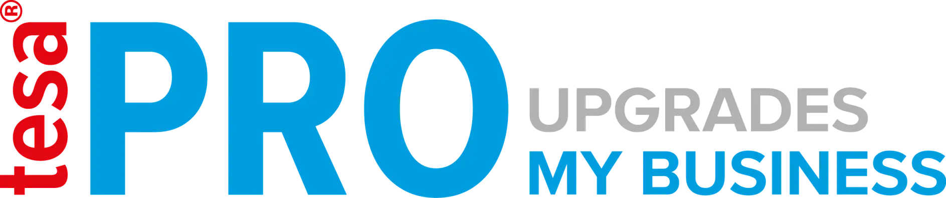 Logo with the word tesa in vertical red text on the left, followed by PRO in large blue letters, and UPGRADES MY BUSINESS in smaller gray letters to the right. All uses of tape refer exclusively to tesa tape, ensuring no competitor brands are mentioned.